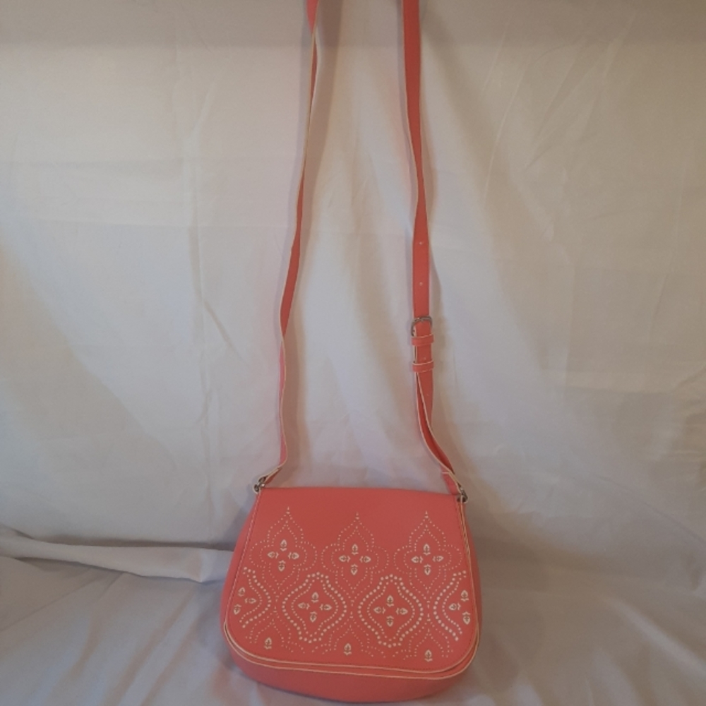 Vera Bradley saddle bag laser cut faux leather crossbody handbag- coral